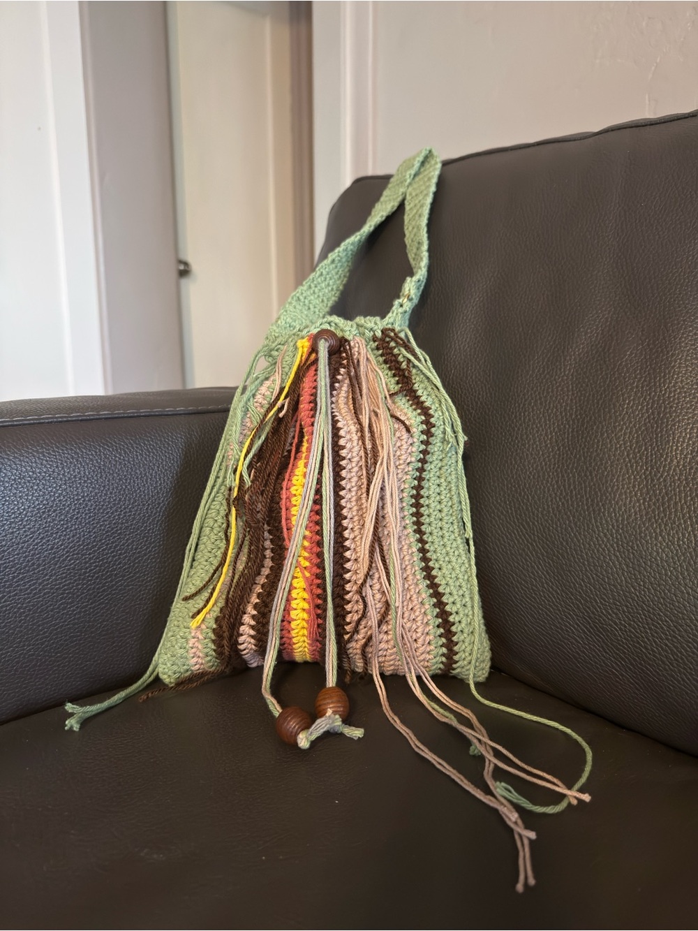 Handmade Light Green Crochet Fringe Shoulder Bag with Multicolor Accents